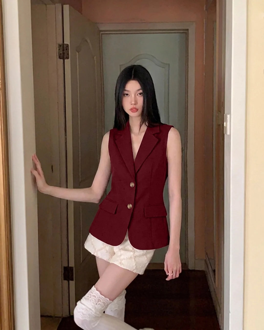 Tailored Sleeveless Blazer Waistcoat In Burgundy