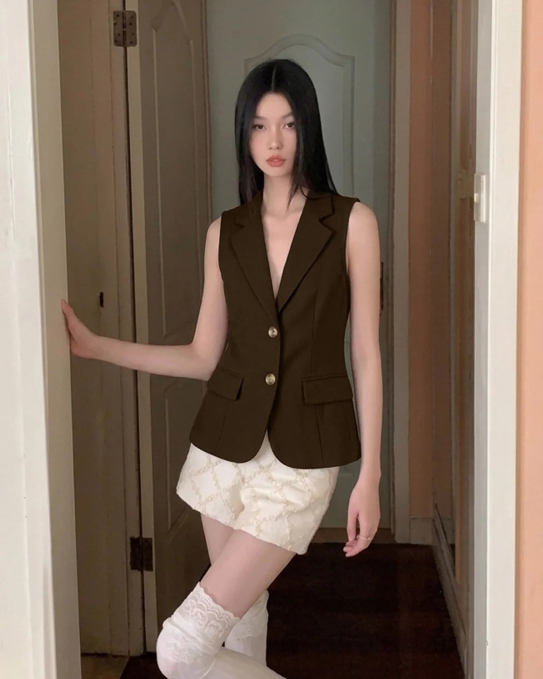 Tailored Sleeveless Blazer Waistcoat In Cocoa Brown