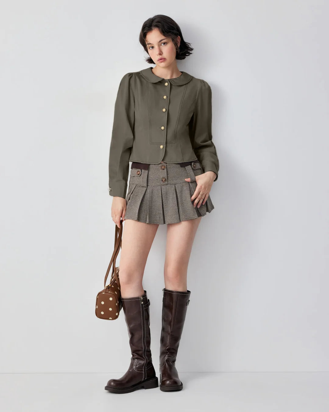 Peter Pan Collar Button Front Fitted Jacket in Charcoal Grey
