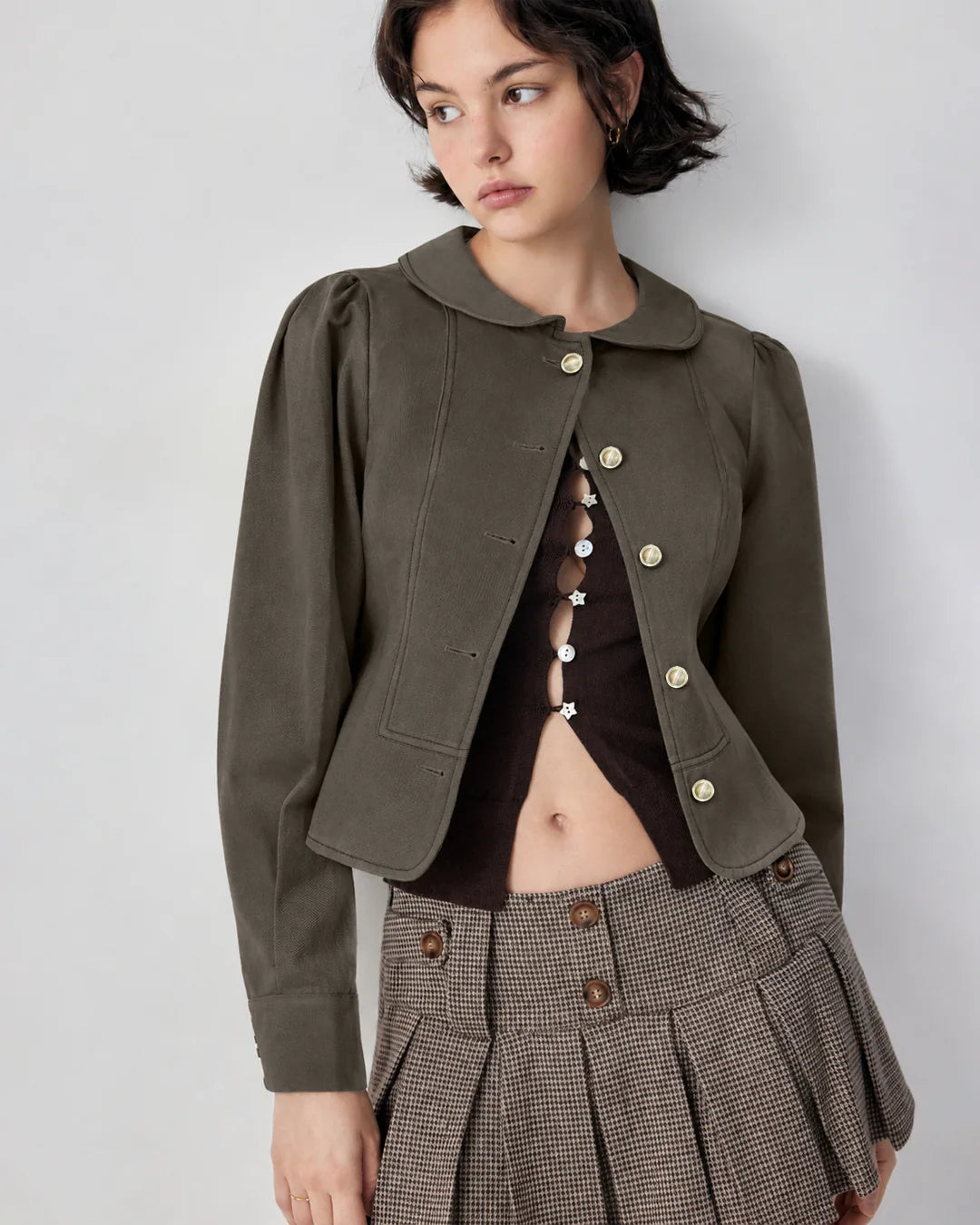 Peter Pan Collar Button Front Fitted Jacket in Charcoal Grey