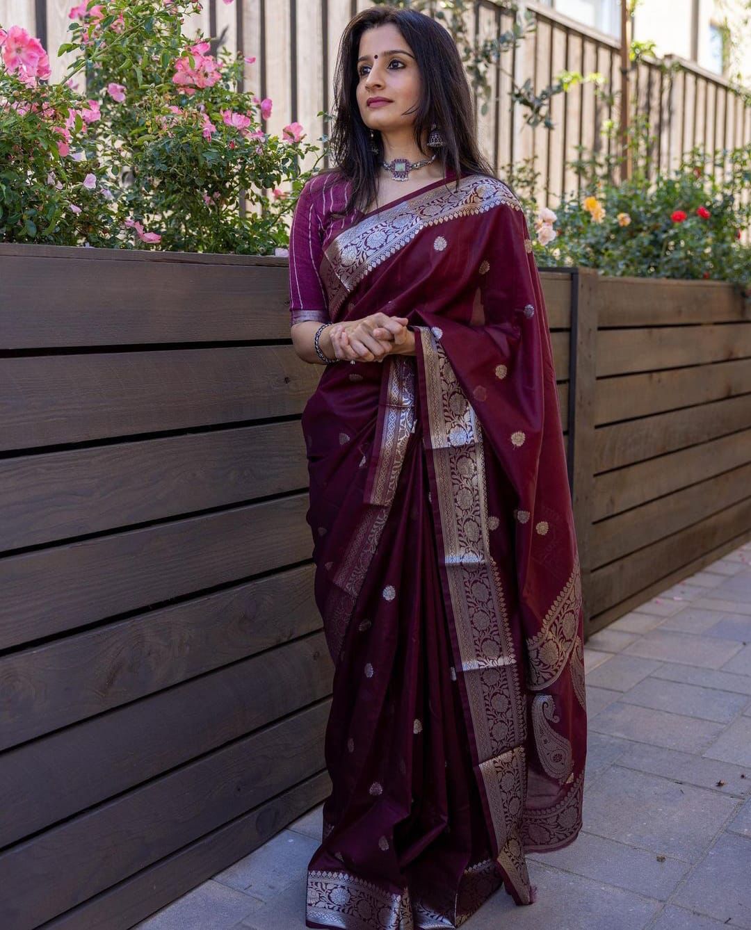 Arresting Maroon Soft Banarasi Silk Saree With Unique Blouse Piece
