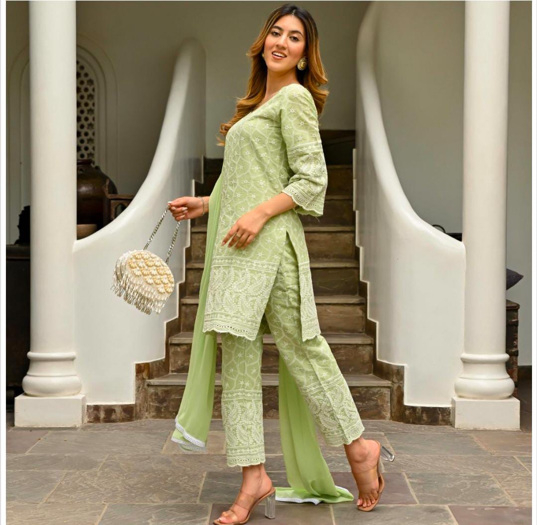Green color Chikankari Embroidered Kurta set with Dupatta