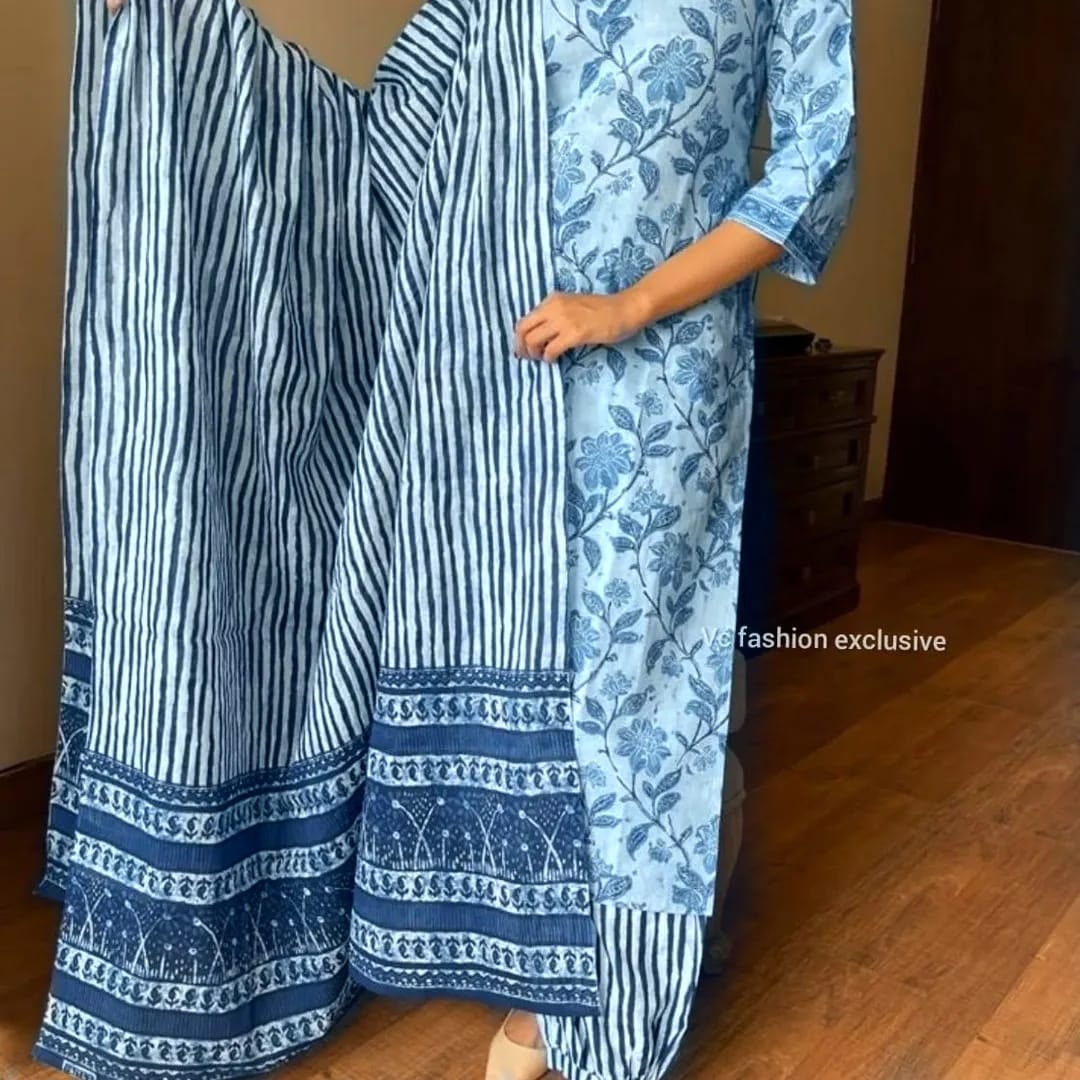 Indigo Bagru Hand-Block print style Kurta, Pant and Dupatta set with Gotta detailing work