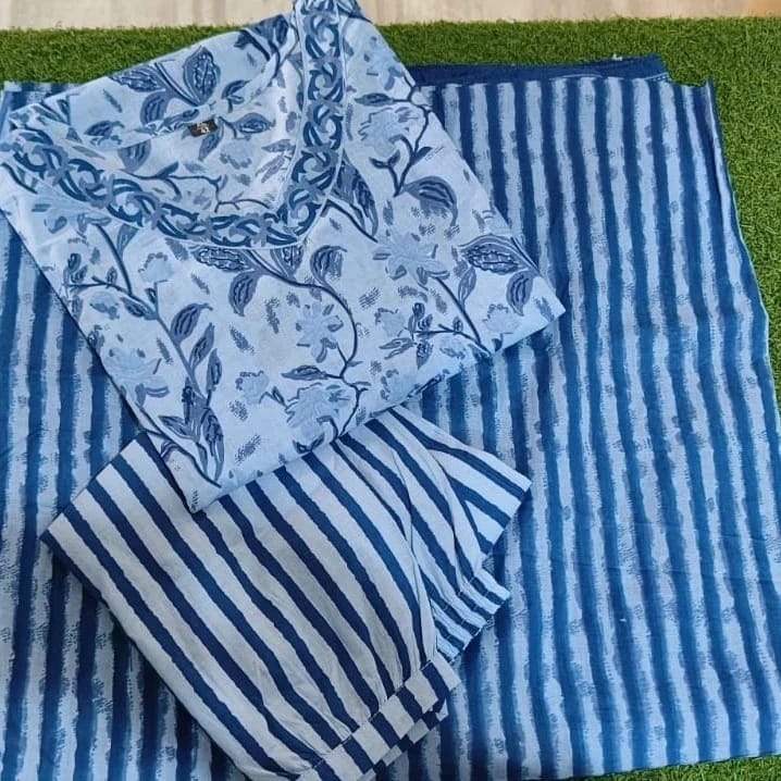 Indigo Bagru Hand-Block print style Kurta, Pant and Dupatta set with Gotta detailing work