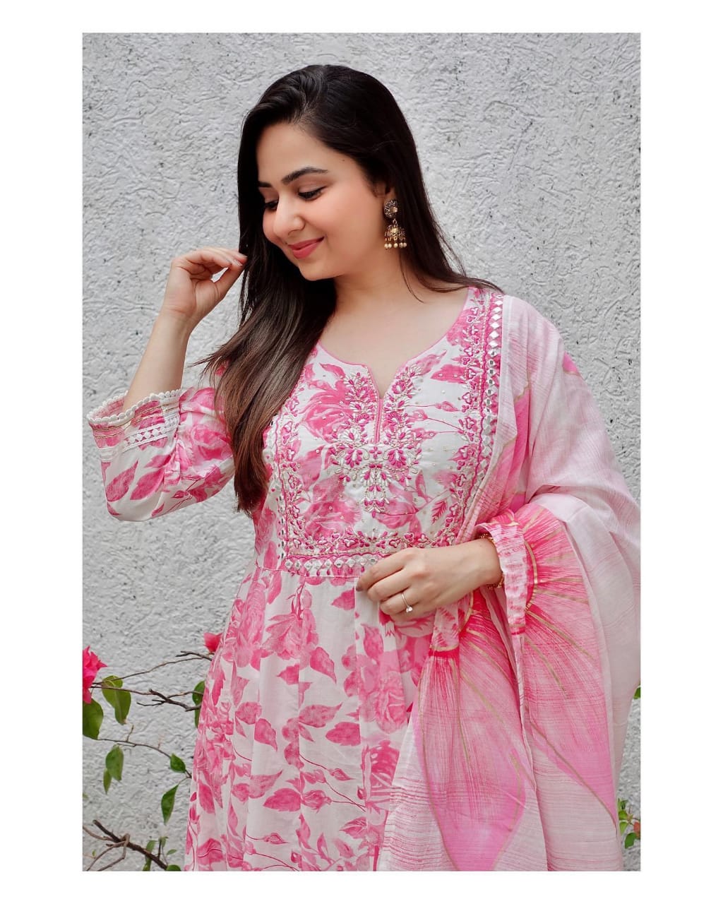 Elegant Handblock Printed Anarkali Kurta with Mirror Embroidery and Bijiya Lace