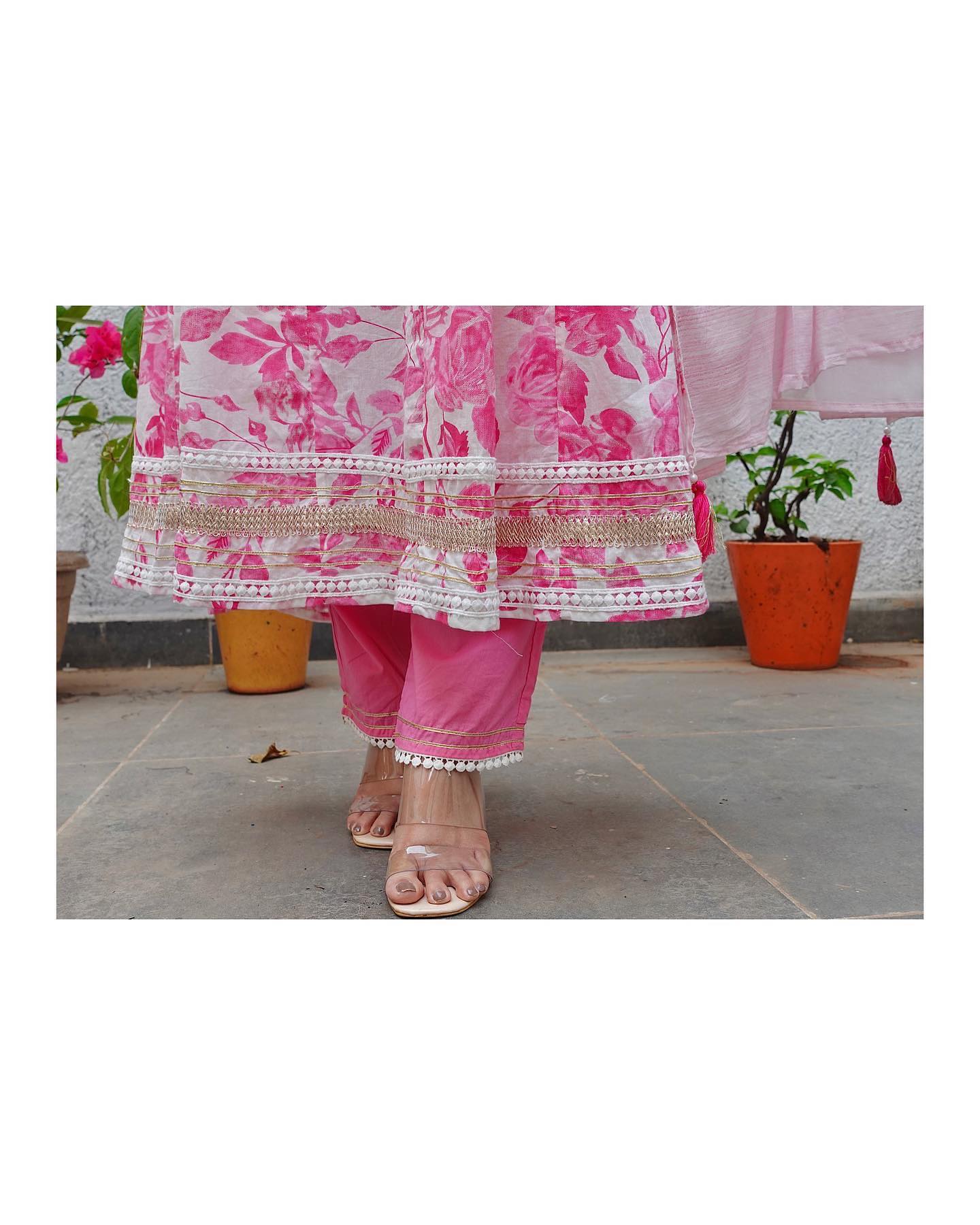 Elegant Handblock Printed Anarkali Kurta with Mirror Embroidery and Bijiya Lace