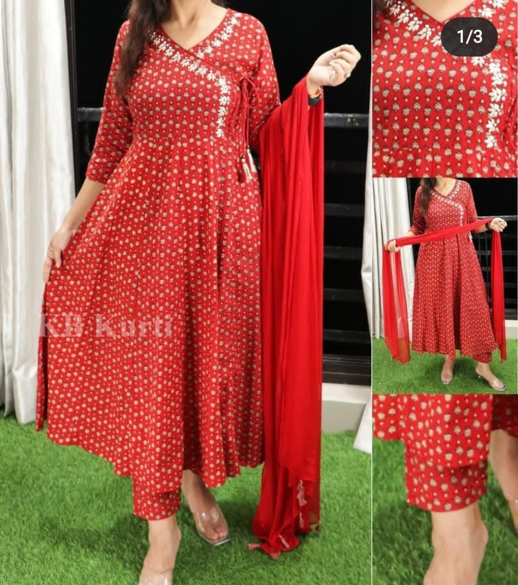 Embroidered Heavy Rayon Anarkali Kurti Pant Set with Chiffon Dupatta