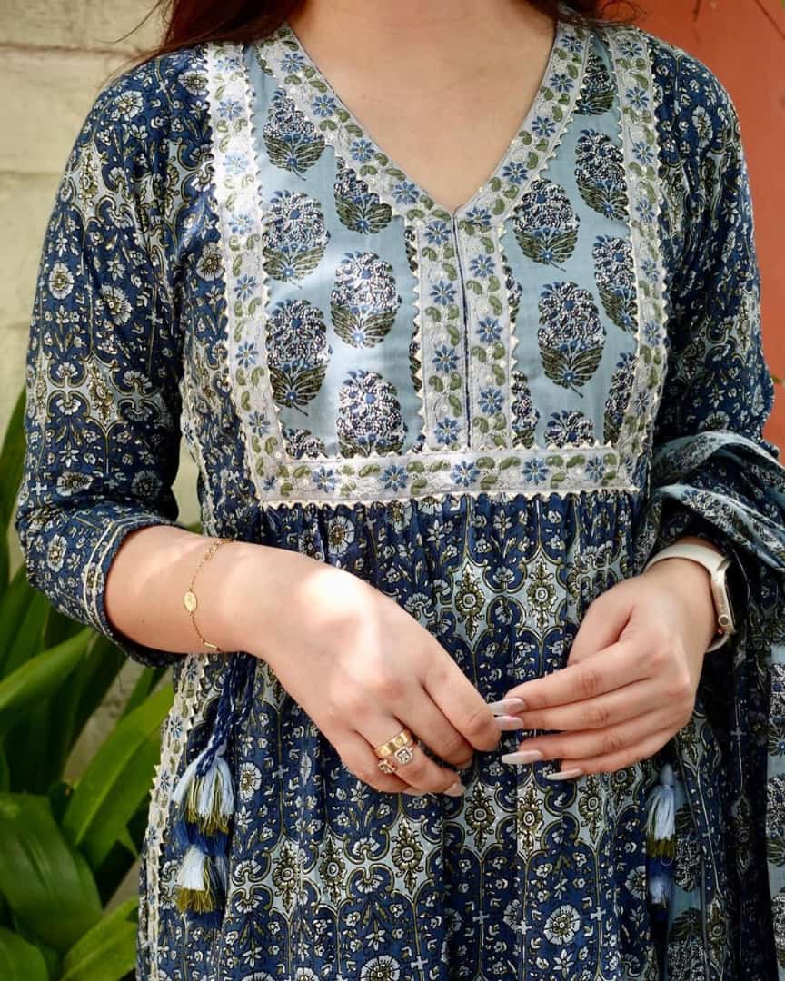 Elegant Cotton Naira cut Anarkali Kurta set with Heavy Embroidery