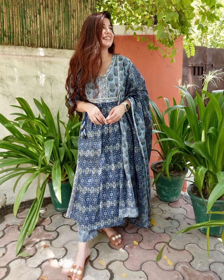 Elegant Cotton Naira cut Anarkali Kurta set with Heavy Embroidery