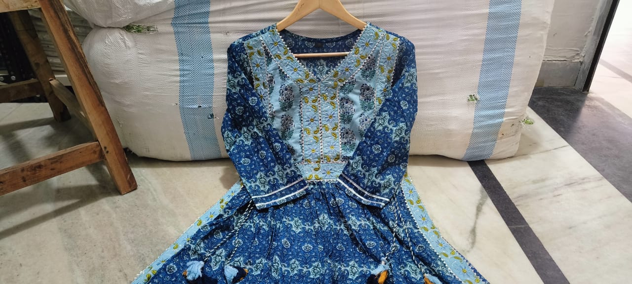 Elegant Cotton Naira cut Anarkali Kurta set with Heavy Embroidery
