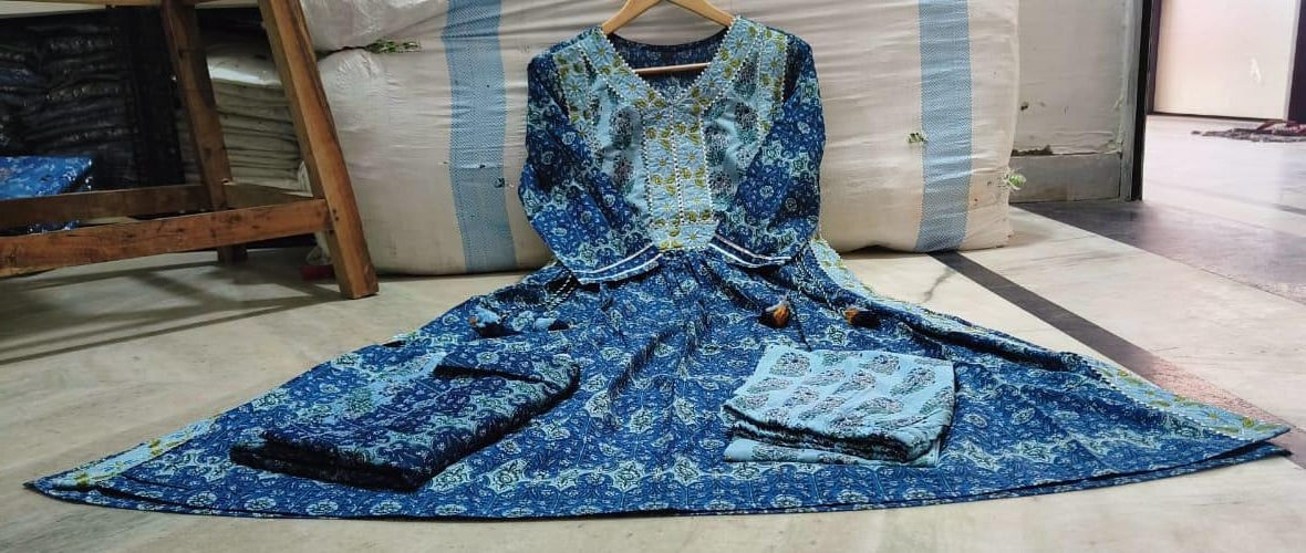 Elegant Cotton Naira cut Anarkali Kurta set with Heavy Embroidery