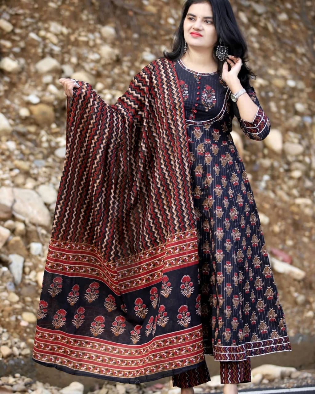 Festival Special Premium Cotton Lurex Anarkali Gota Lace Kurta with Pant and Dupatta
