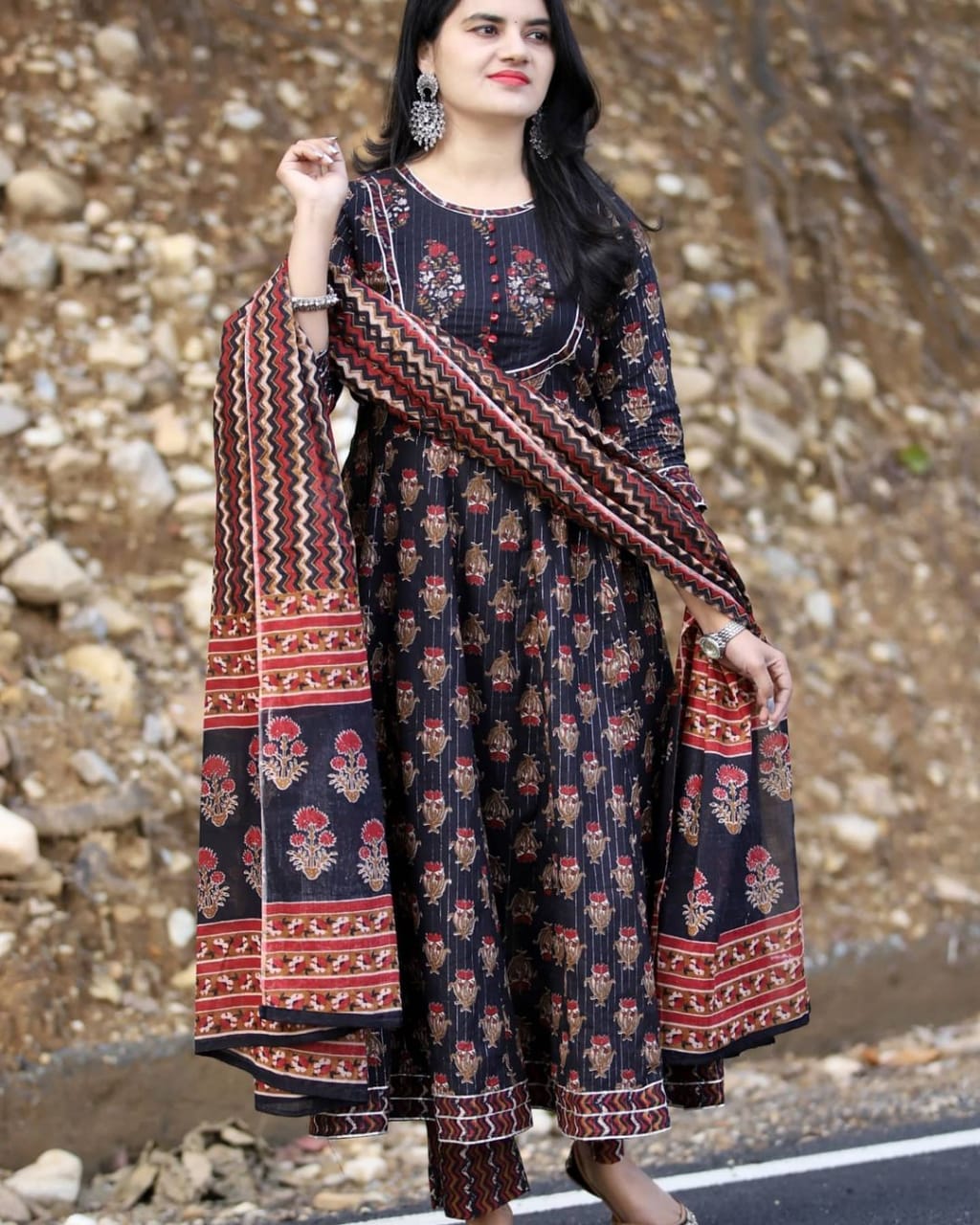 Festival Special Premium Cotton Lurex Anarkali Gota Lace Kurta with Pant and Dupatta