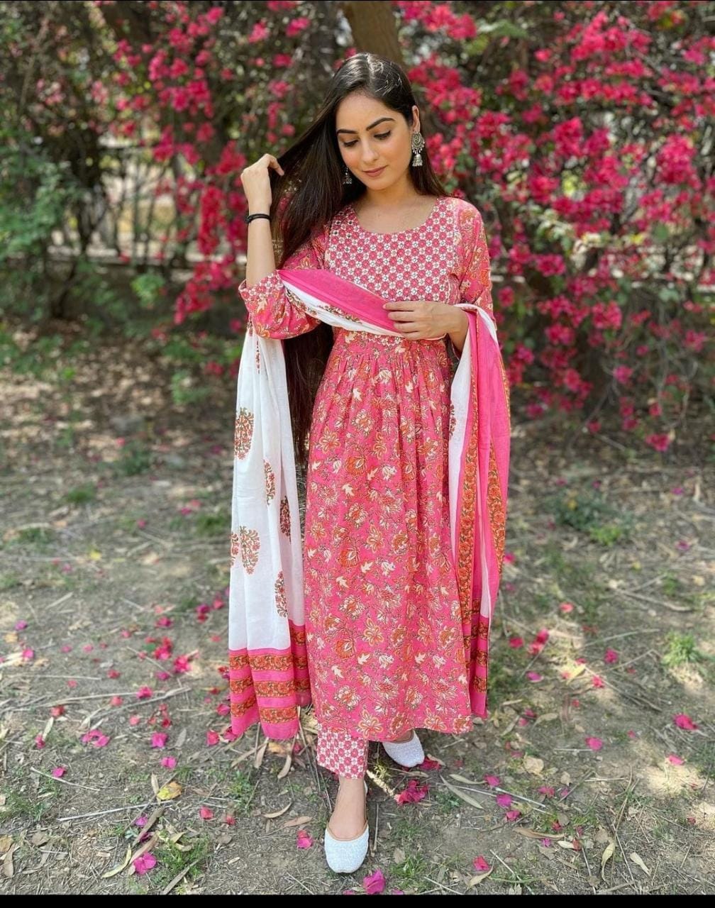 Stylish Printed Cotton Pink Kurti, Pant, and Dupatta Set