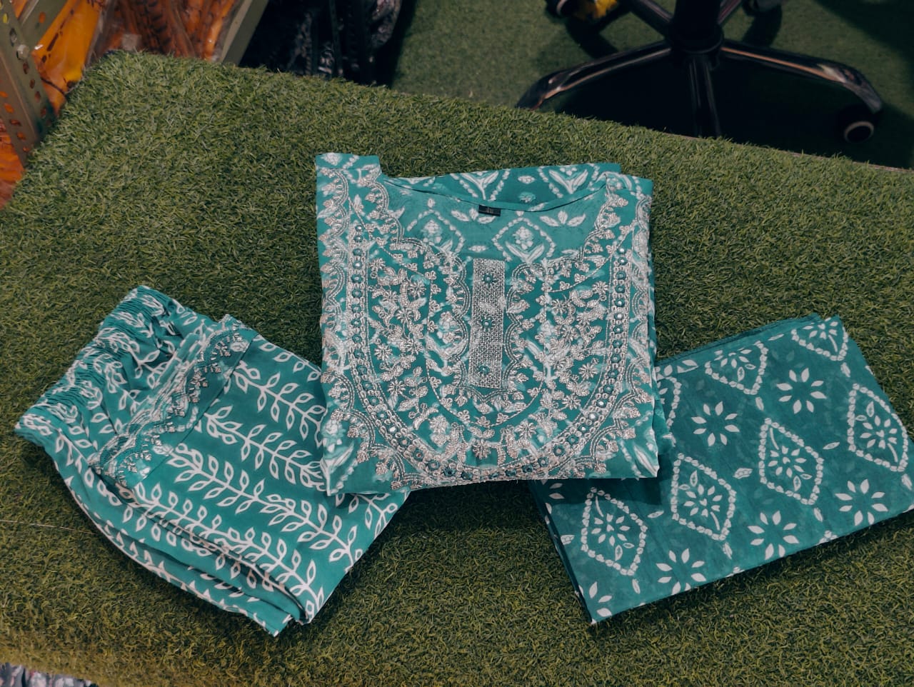 Heavy Rayon Teal Kurta Set with Naira Cut Embroidery and Printed Mulmul Dupatta