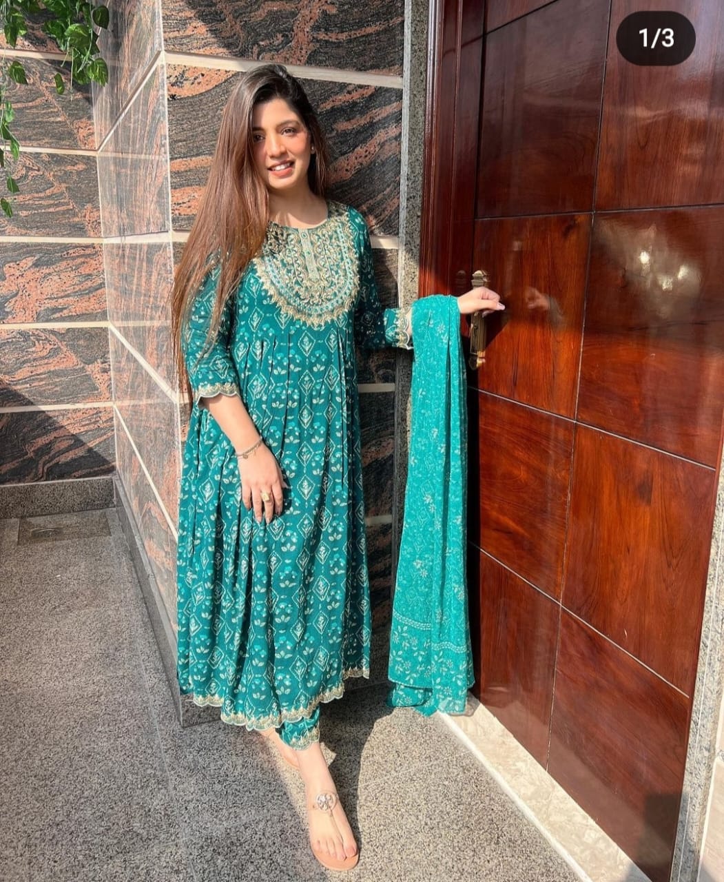 Heavy Rayon Teal Kurta Set with Naira Cut Embroidery and Printed Mulmul Dupatta