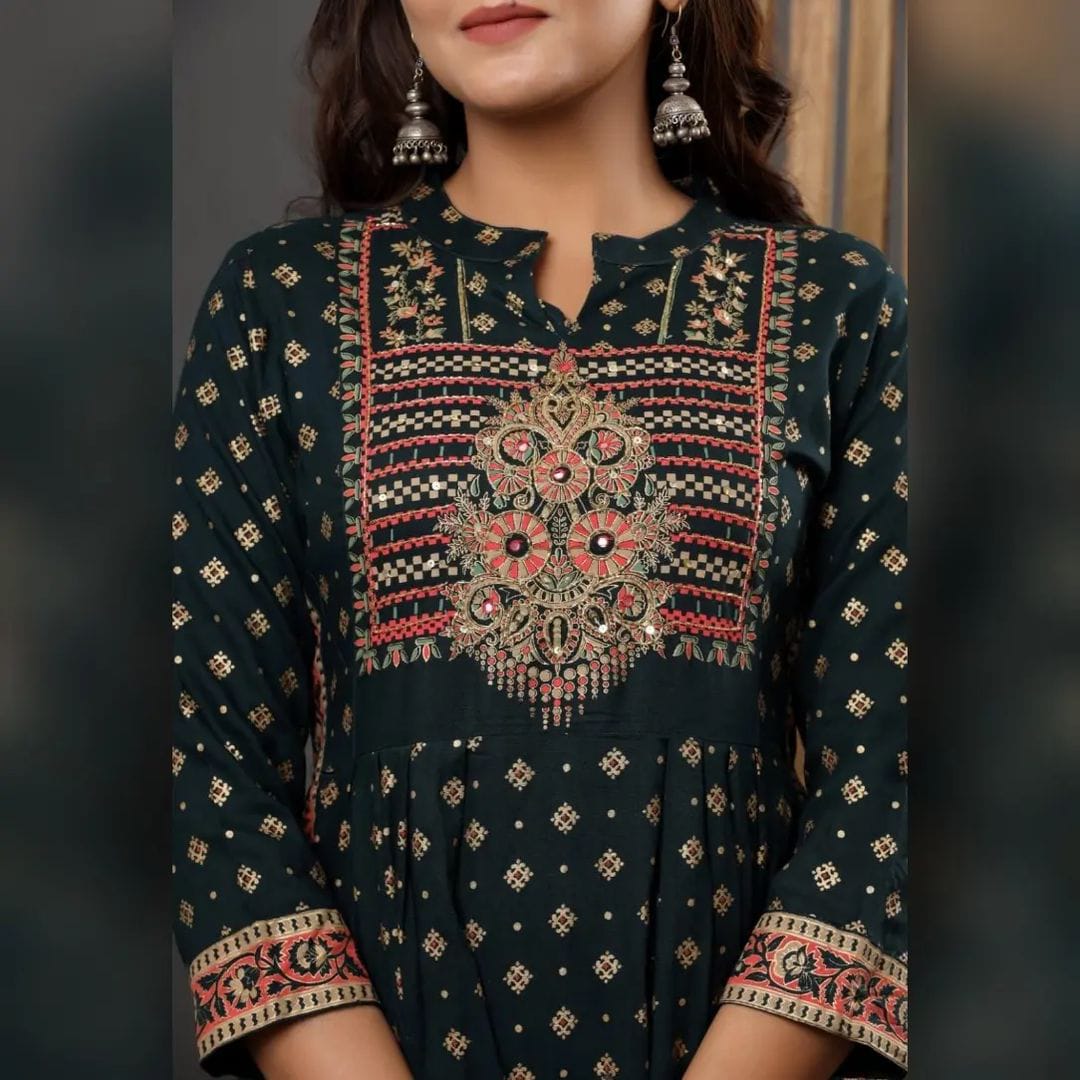 Naira Cut Heavy Pure Rayon 140 Kurti with Handwork and Printed Dupatta