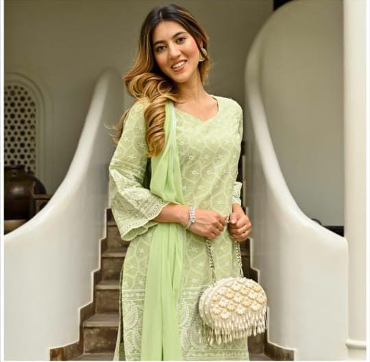 Green Cotton Chickenkari Embroidered Kurta Set with Dupatta