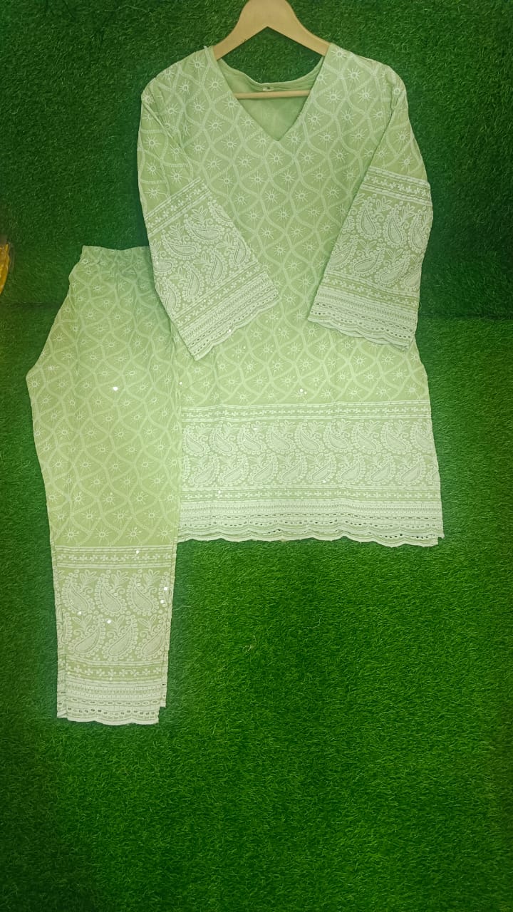 Green Cotton Chickenkari Embroidered Kurta Set with Dupatta