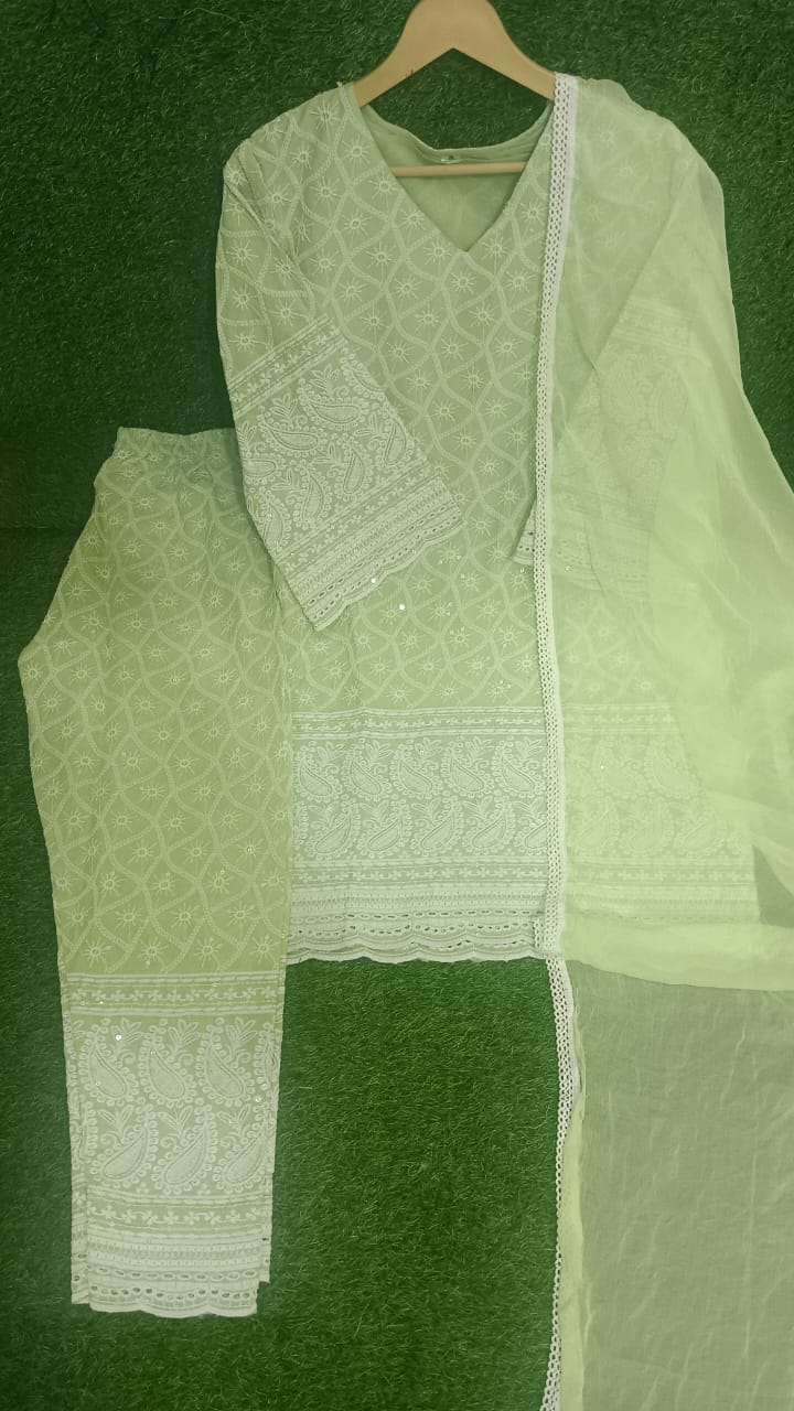 Green Cotton Chickenkari Embroidered Kurta Set with Dupatta