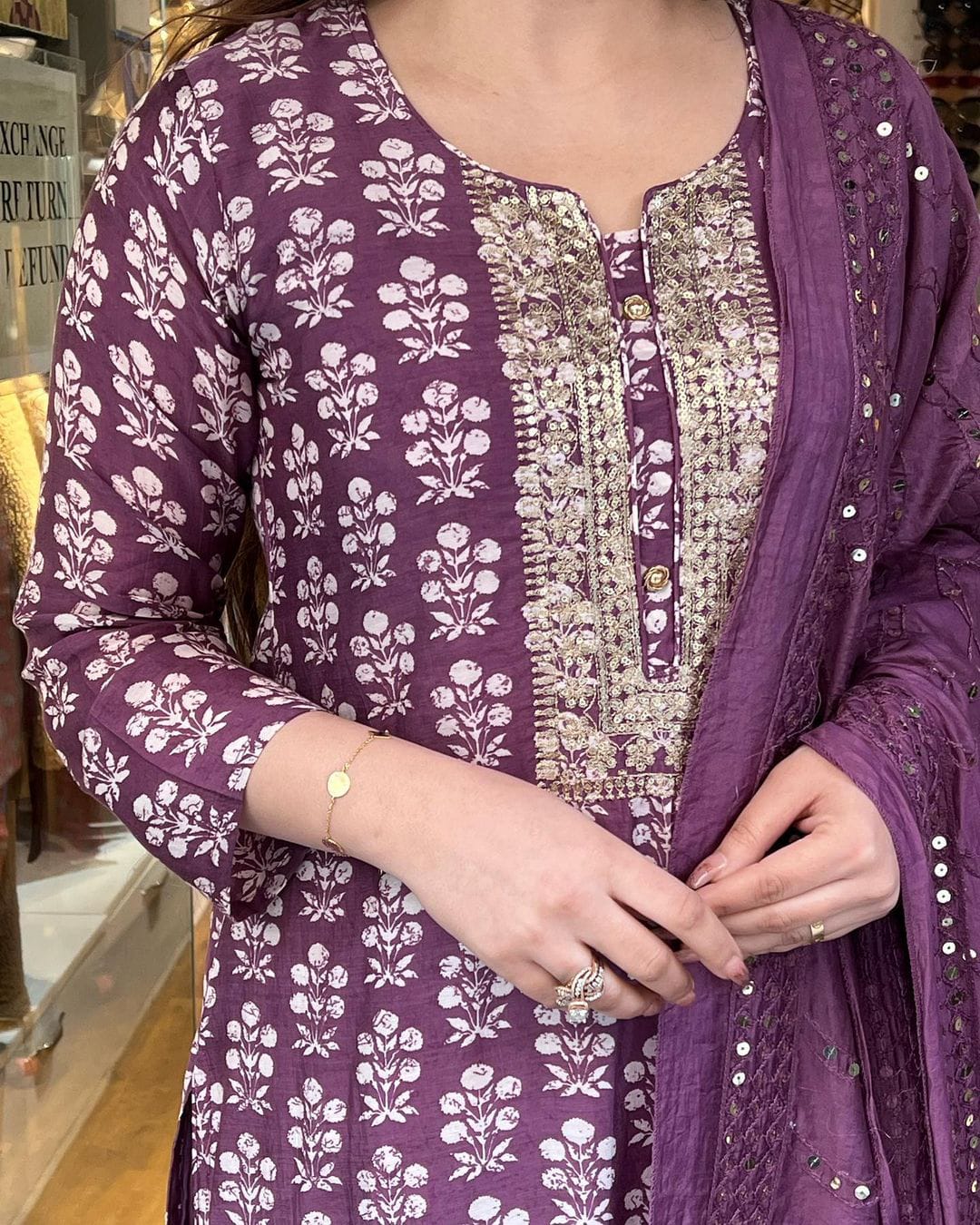 Printed Kurta with Sequence Work and Cotton Pants Set
