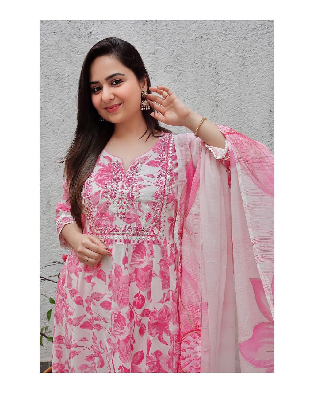 Dreamy Handblock Printed Anarkali Kurta with Mirror Embroidery and Bijiya Lace