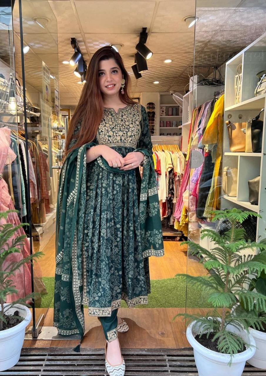 Premium Rayon Anarkali Kurta with Heavy Work Neckline, Gota Details, and Matching Pant, Dupatta