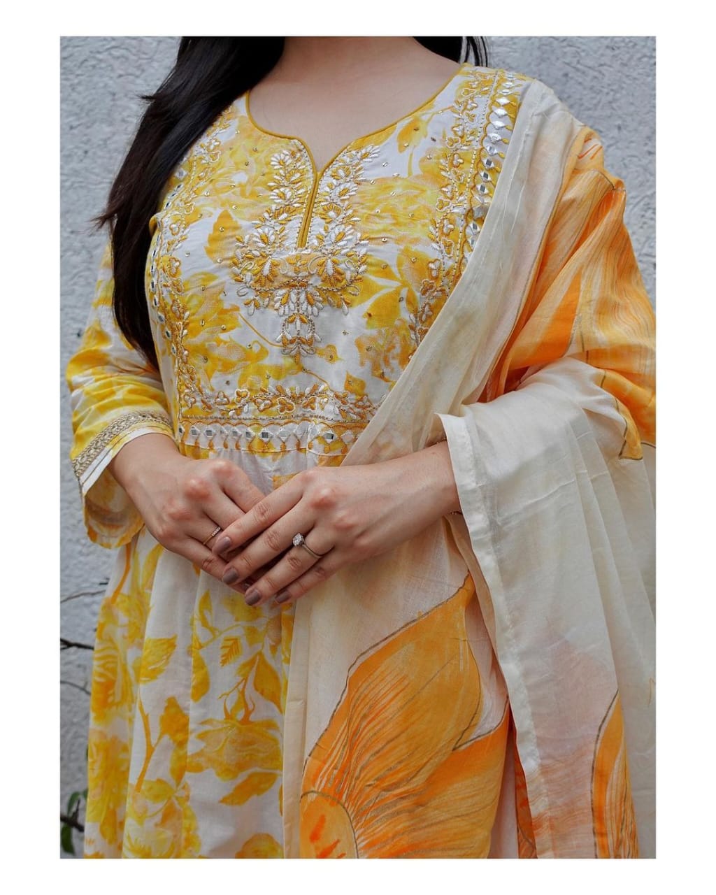 Anarkali Cotton Kurta with Handblock Print and Mirror Embroidery Work