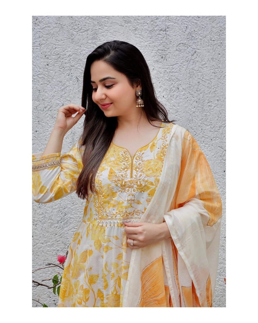 Anarkali Cotton Kurta with Handblock Print and Mirror Embroidery Work