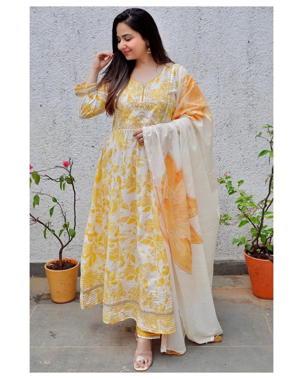 Anarkali Cotton Kurta with Handblock Print and Mirror Embroidery Work