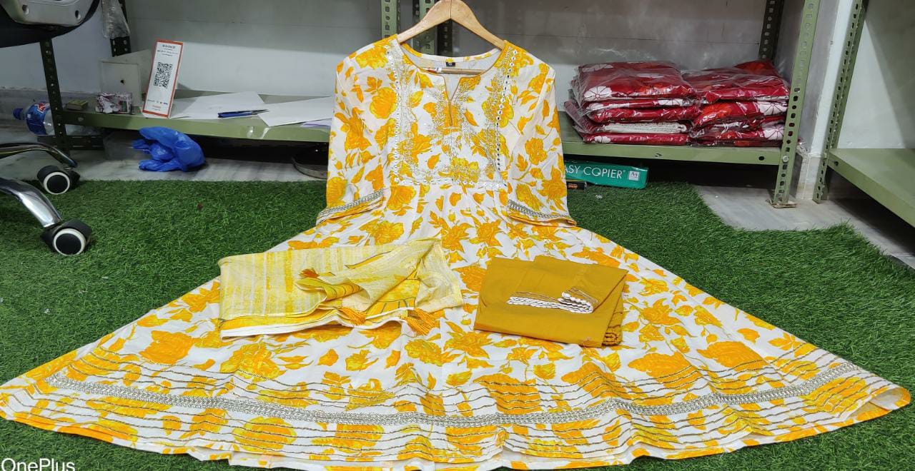 Anarkali Cotton Kurta with Handblock Print and Mirror Embroidery Work