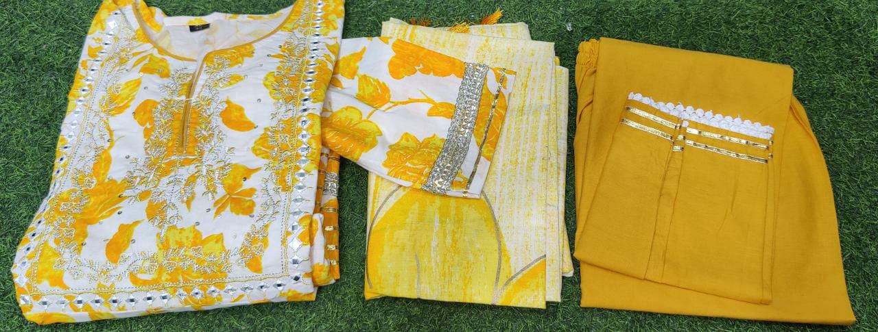 Anarkali Cotton Kurta with Handblock Print and Mirror Embroidery Work