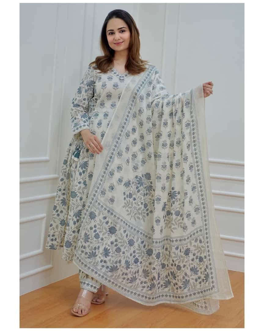 White-Grey Floral Afghani Suit Set with Waist Tassels and Motifs