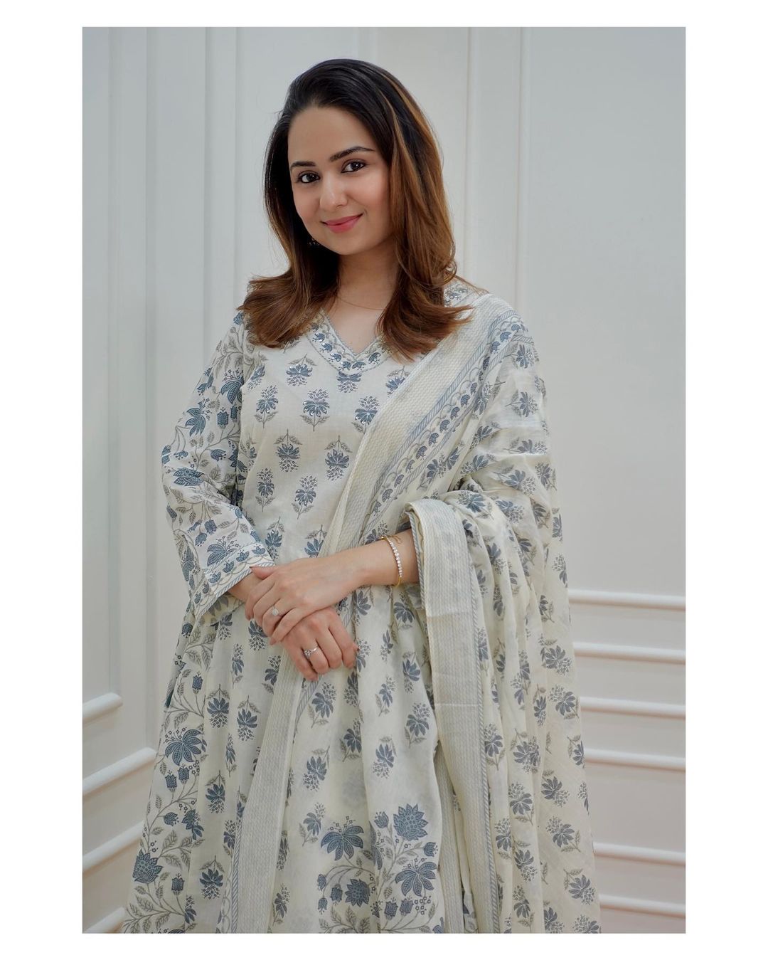 White-Grey Floral Afghani Suit Set with Waist Tassels and Motifs