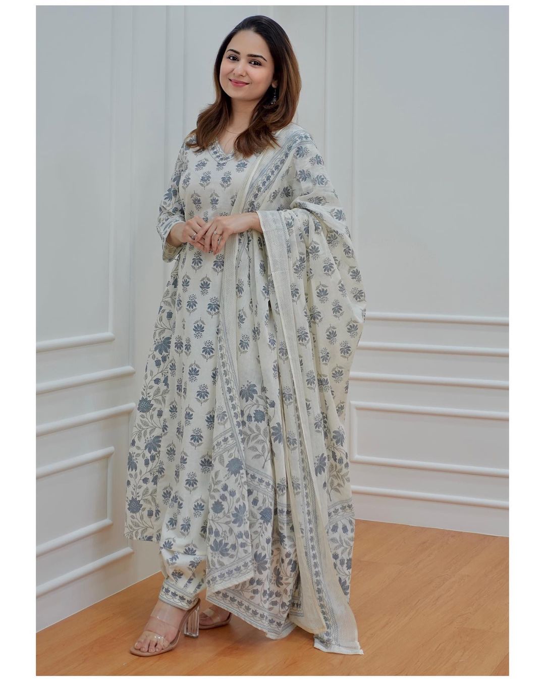 White-Grey Floral Afghani Suit Set with Waist Tassels and Motifs
