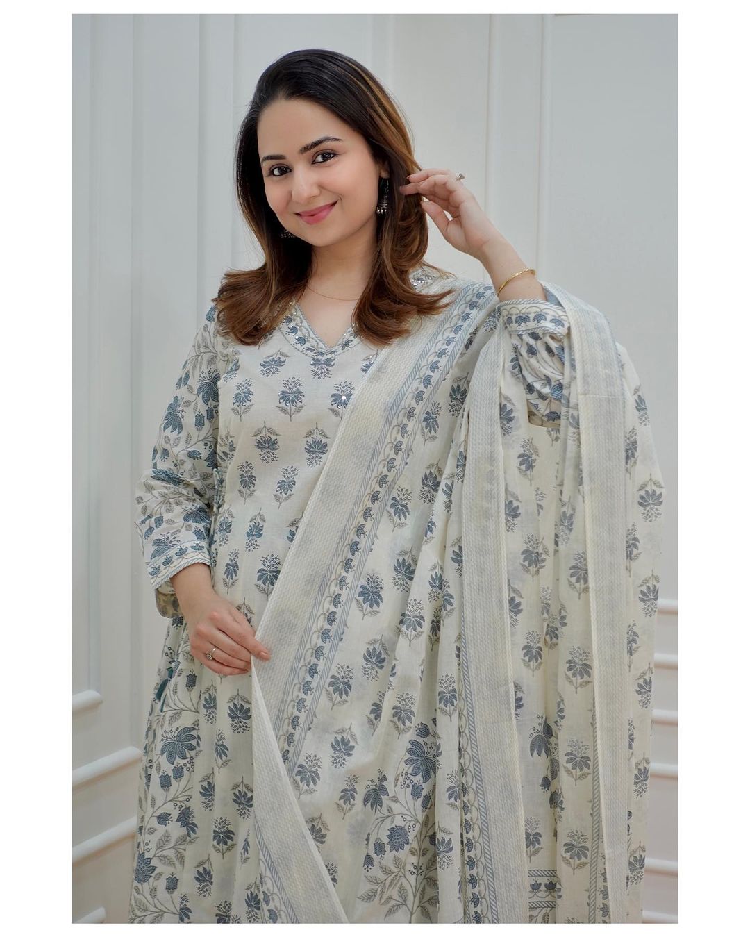 White-Grey Floral Afghani Suit Set with Waist Tassels and Motifs