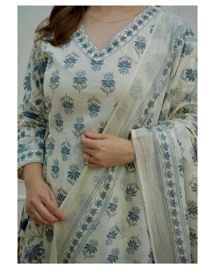 White-Grey Floral Afghani Suit Set with Waist Tassels and Motifs