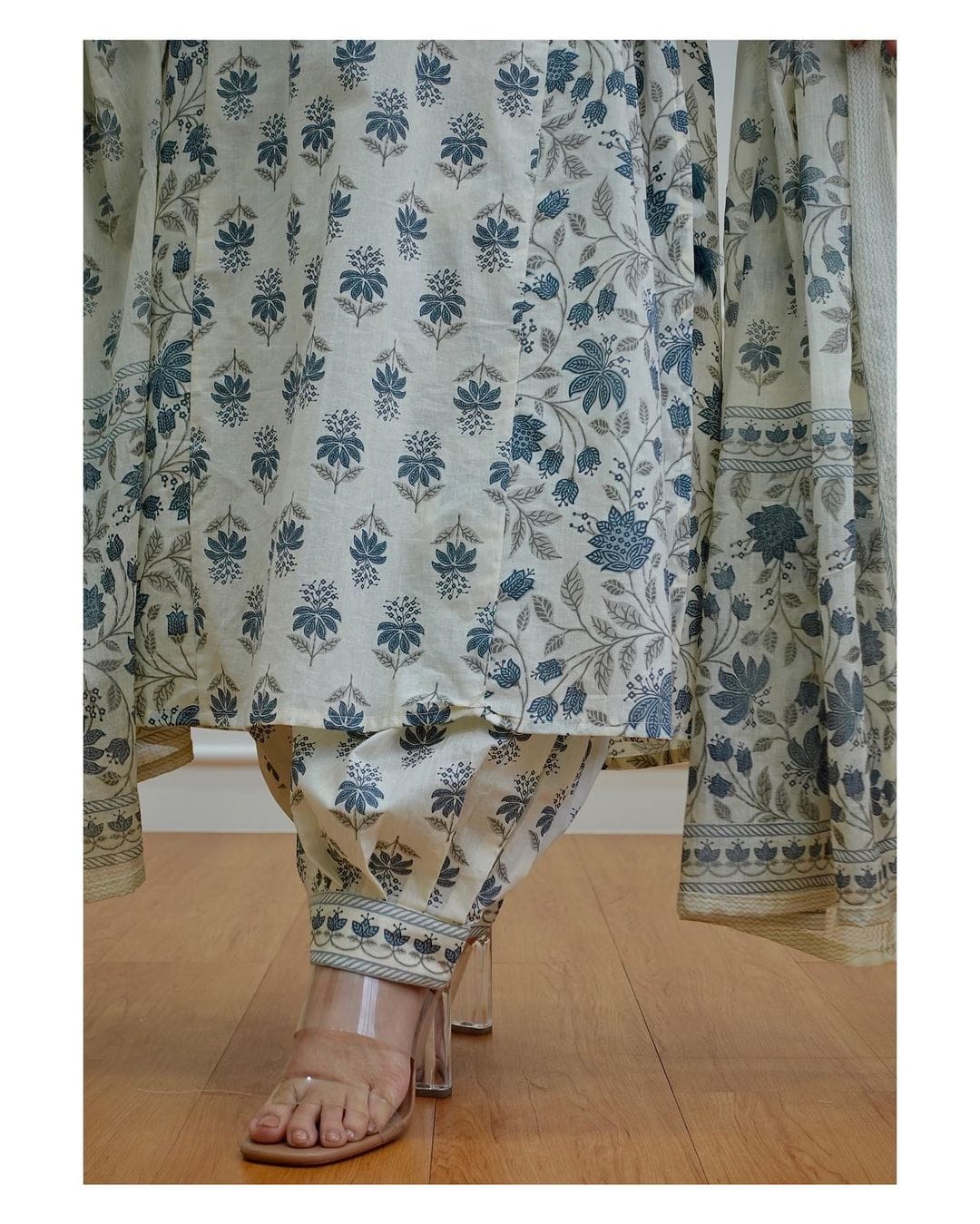 White-Grey Floral Afghani Suit Set with Waist Tassels and Motifs