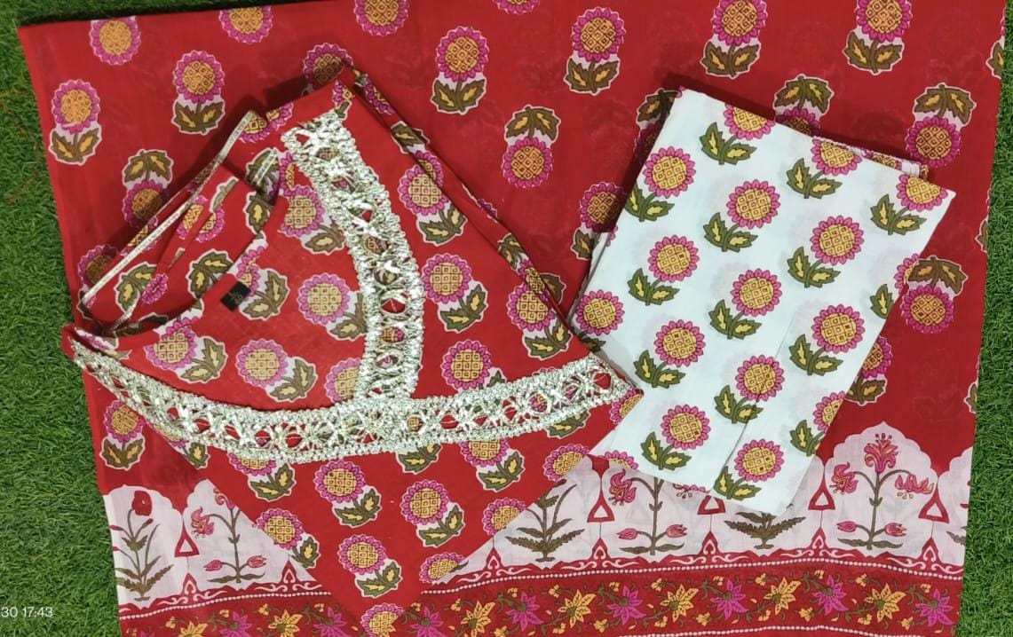 Hand Block Printed Cotton Pakistani Suit with Gota Lace Work, Pant, and Dupatta Set