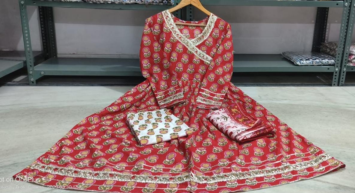 Hand Block Printed Cotton Pakistani Suit with Gota Lace Work, Pant, and Dupatta Set