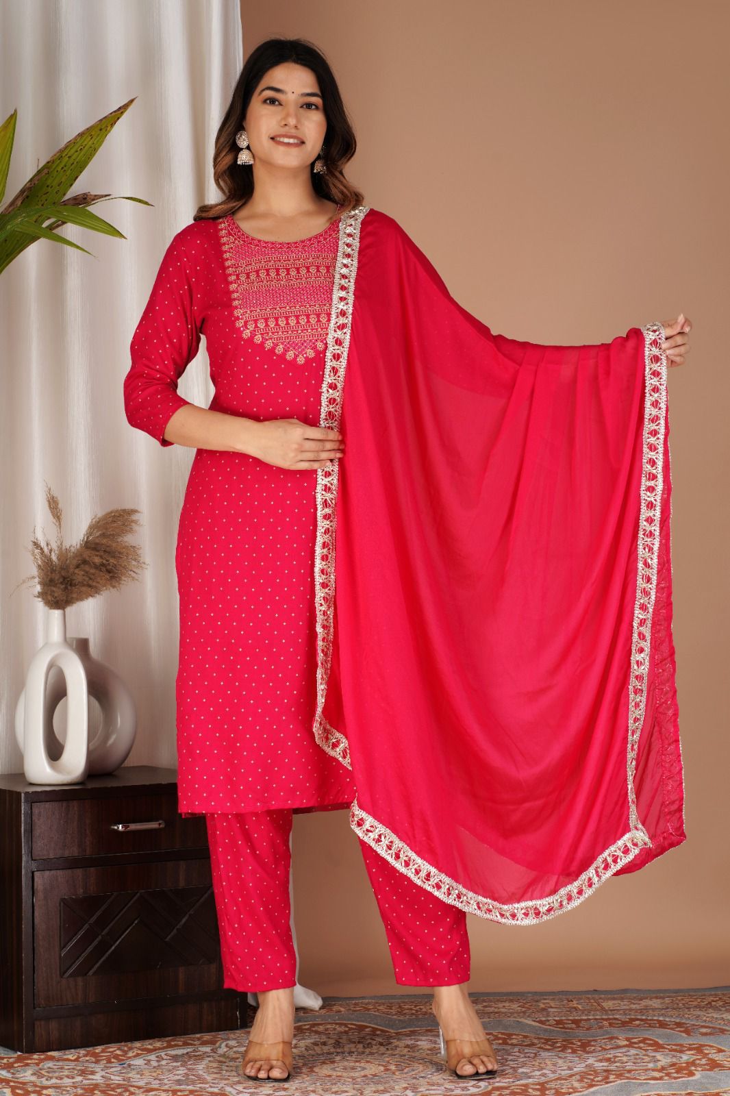 Exquisite Rayon Straight Kurti Set with Golden Print and Zari Embroidery