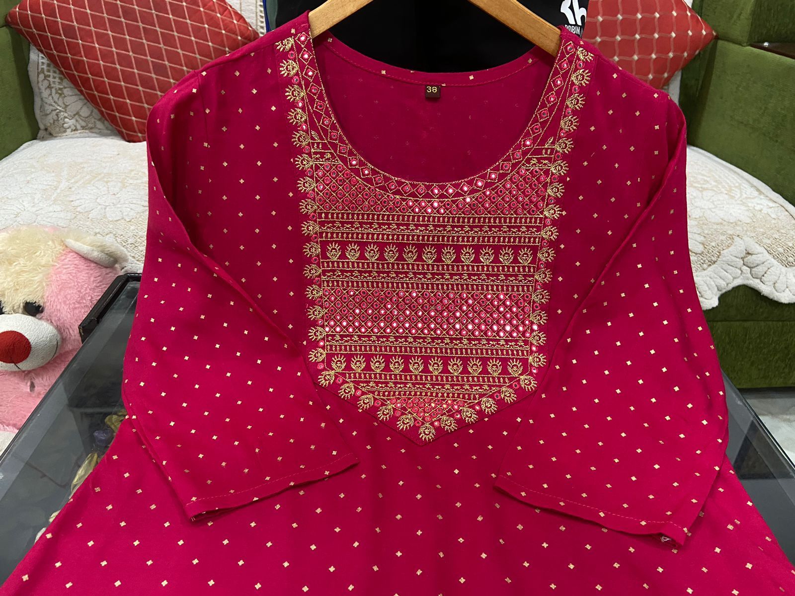 Exquisite Rayon Straight Kurti Set with Golden Print and Zari Embroidery