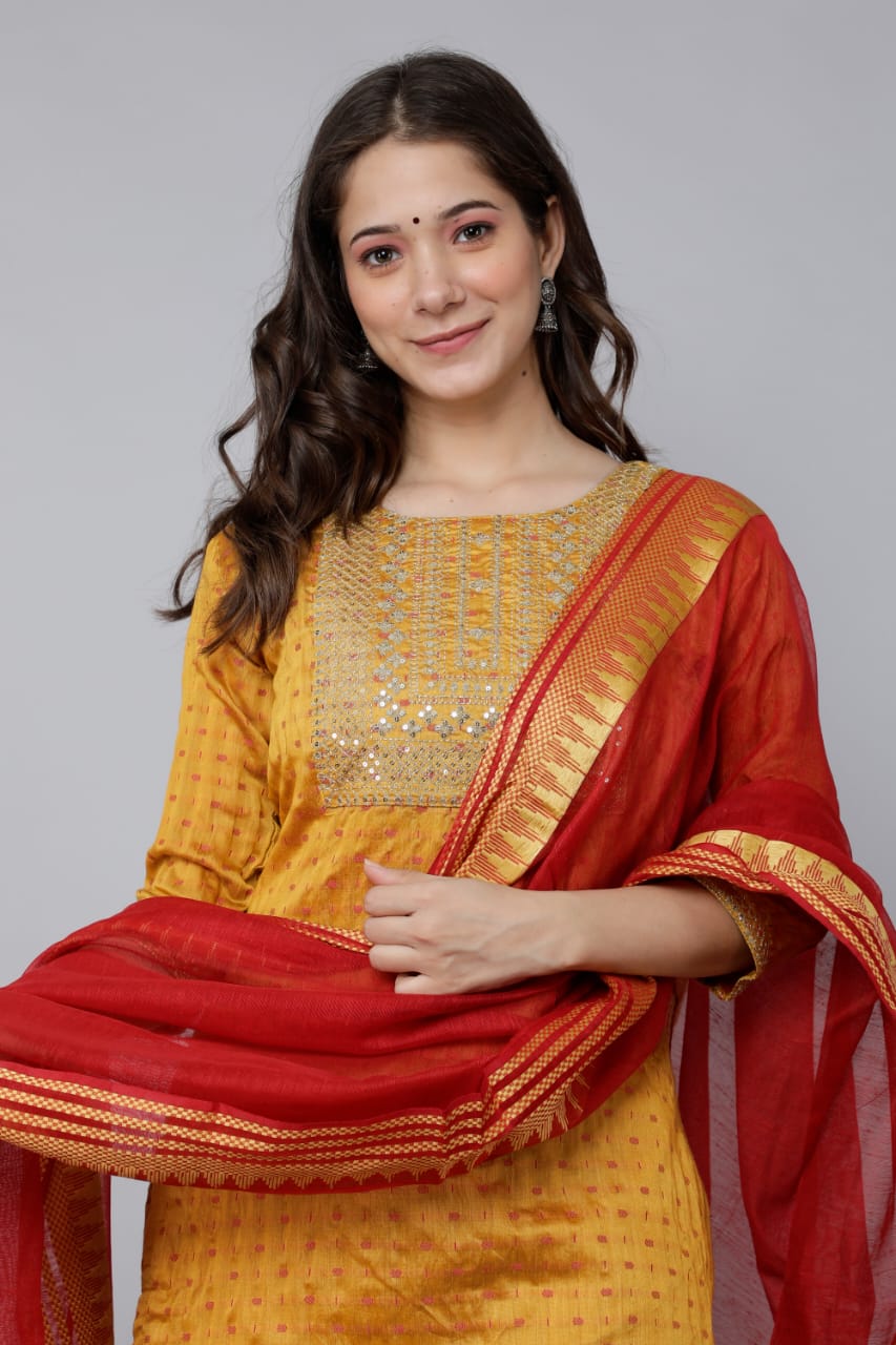 Exquisite Hand-Worked Kurti Set with Pant and Dupatta - Machali Fabric