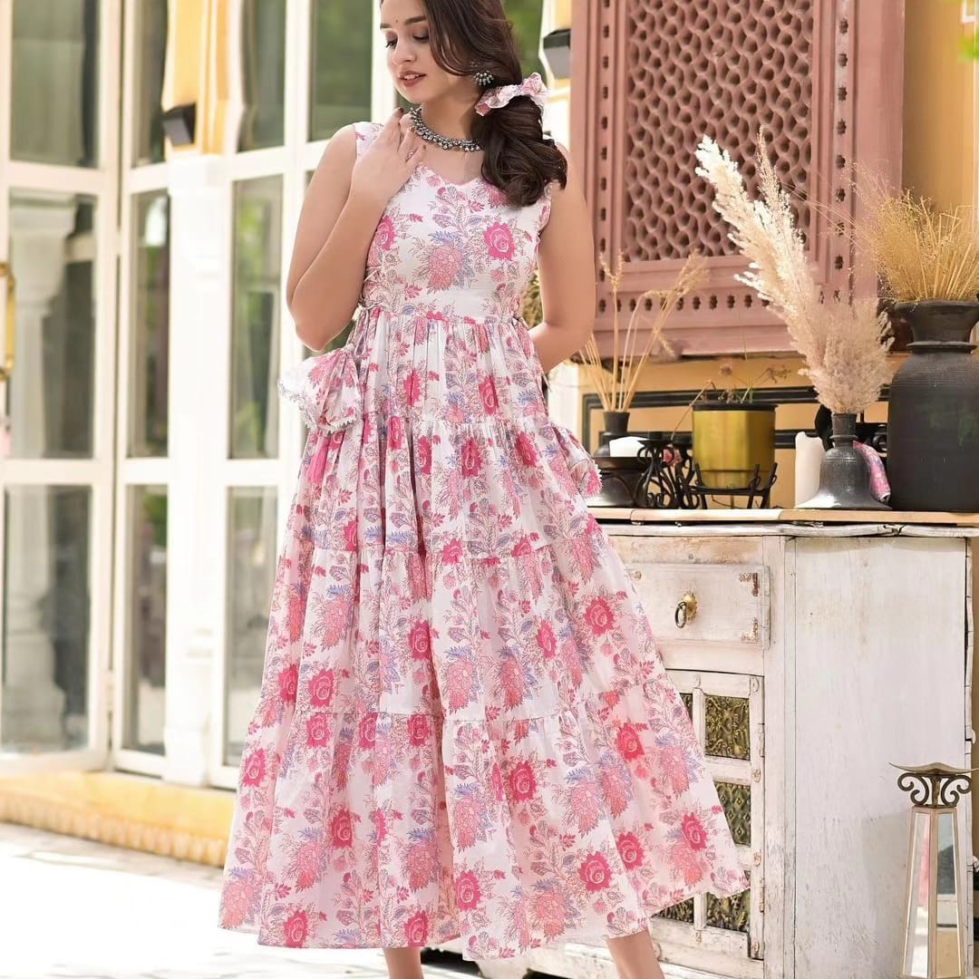 Pink Cotton Floral Maxi Dress