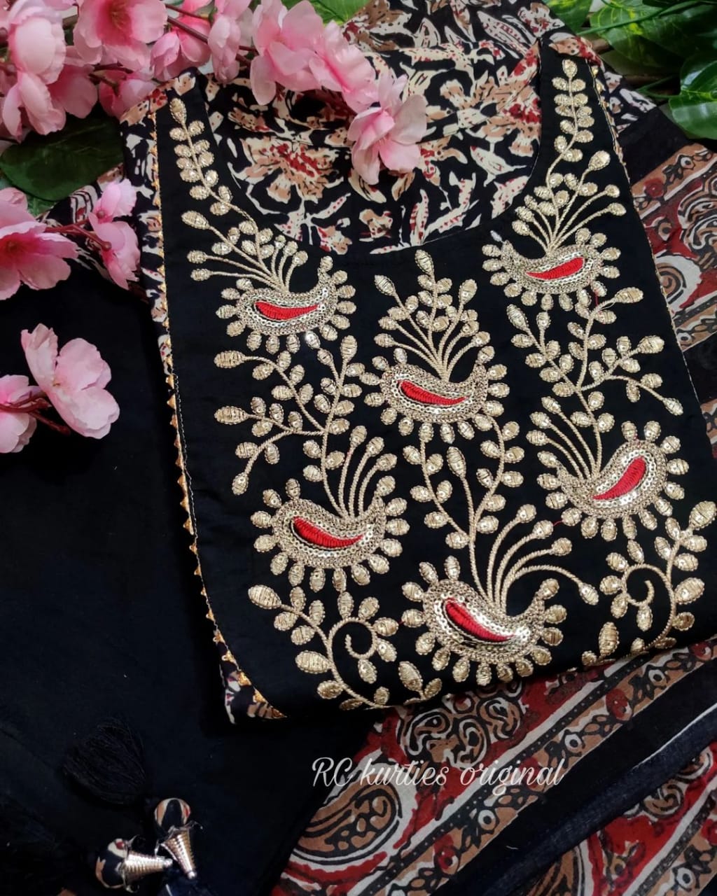 Elegant Black Rayon Anarkali Kurti Set with Embroidery Work and Malmal Dupatta