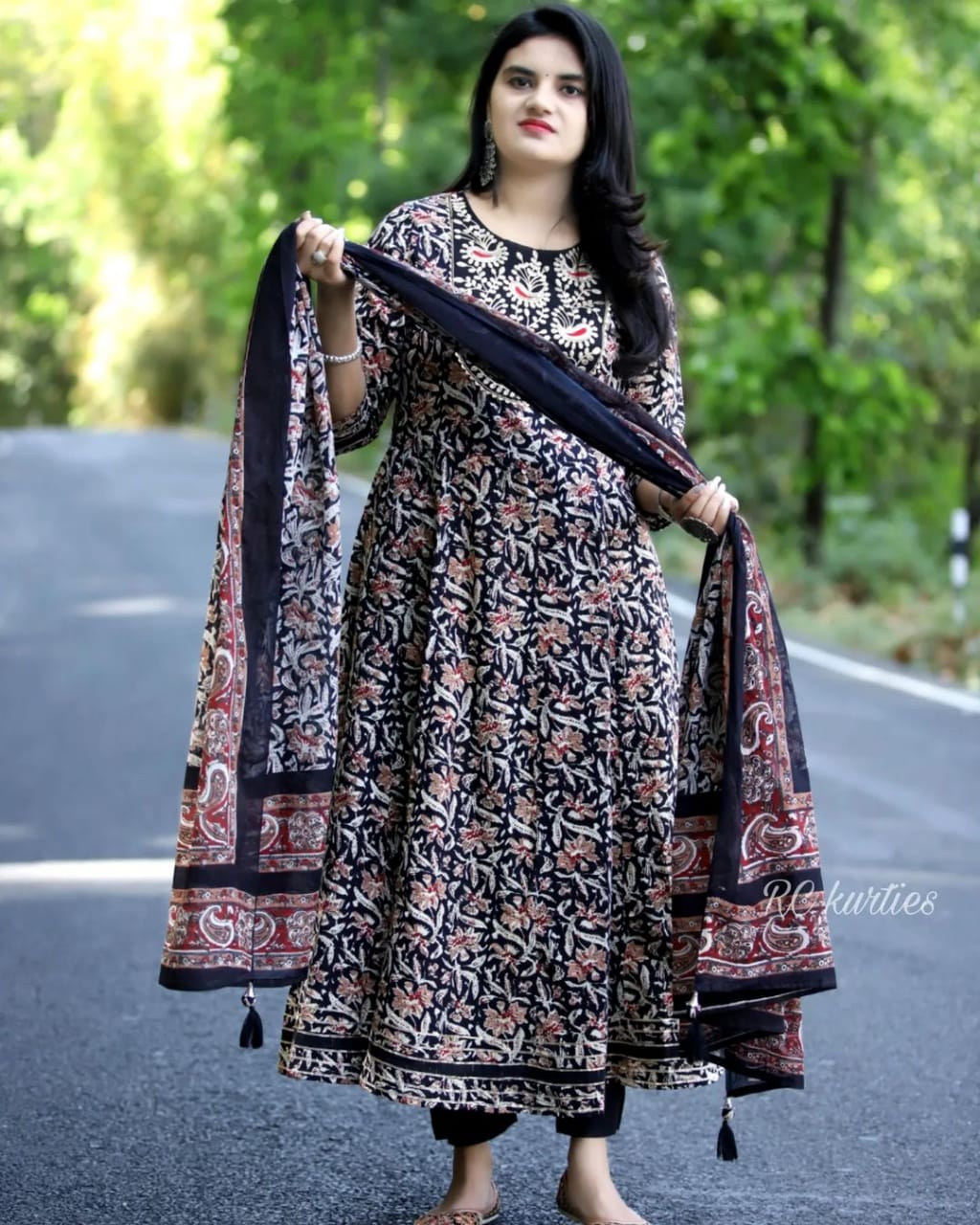 Elegant Black Rayon Anarkali Kurti Set with Embroidery Work and Malmal Dupatta