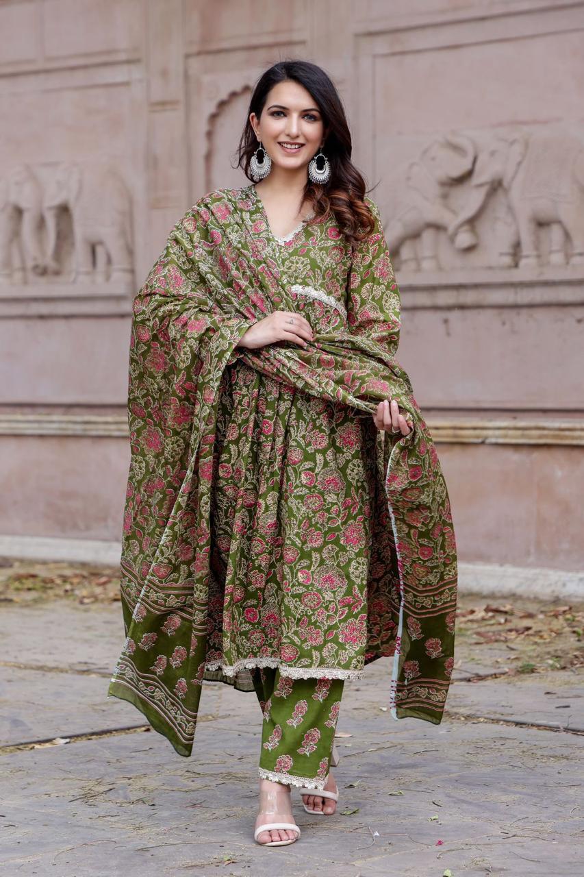 Elegant Green Cotton Alia Cut Anarkali Kurti Set with Gotta Lace Detailing and Cotton Dupatta