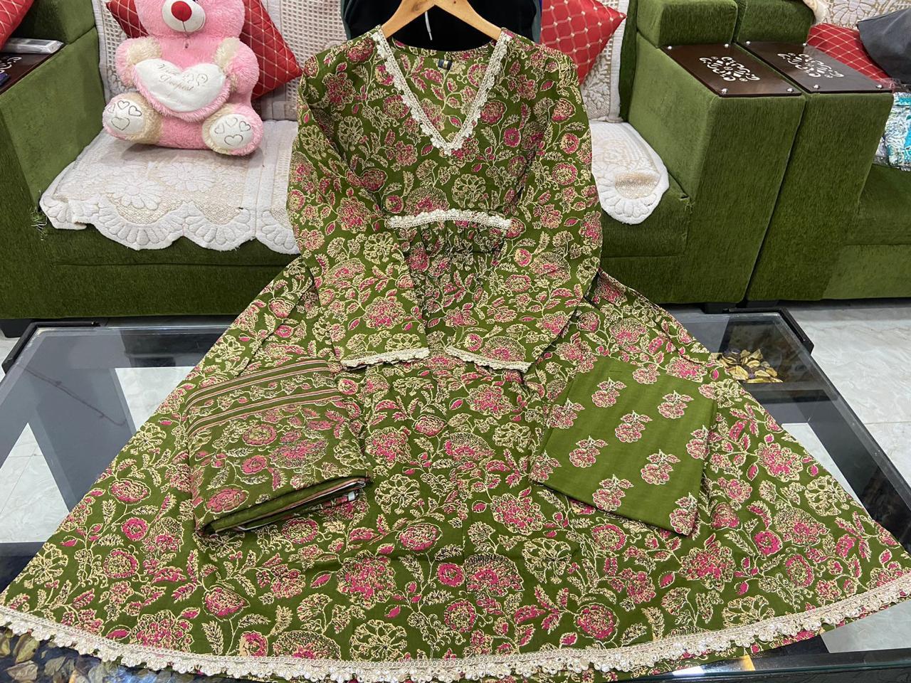 Elegant Green Cotton Alia Cut Anarkali Kurti Set with Gotta Lace Detailing and Cotton Dupatta