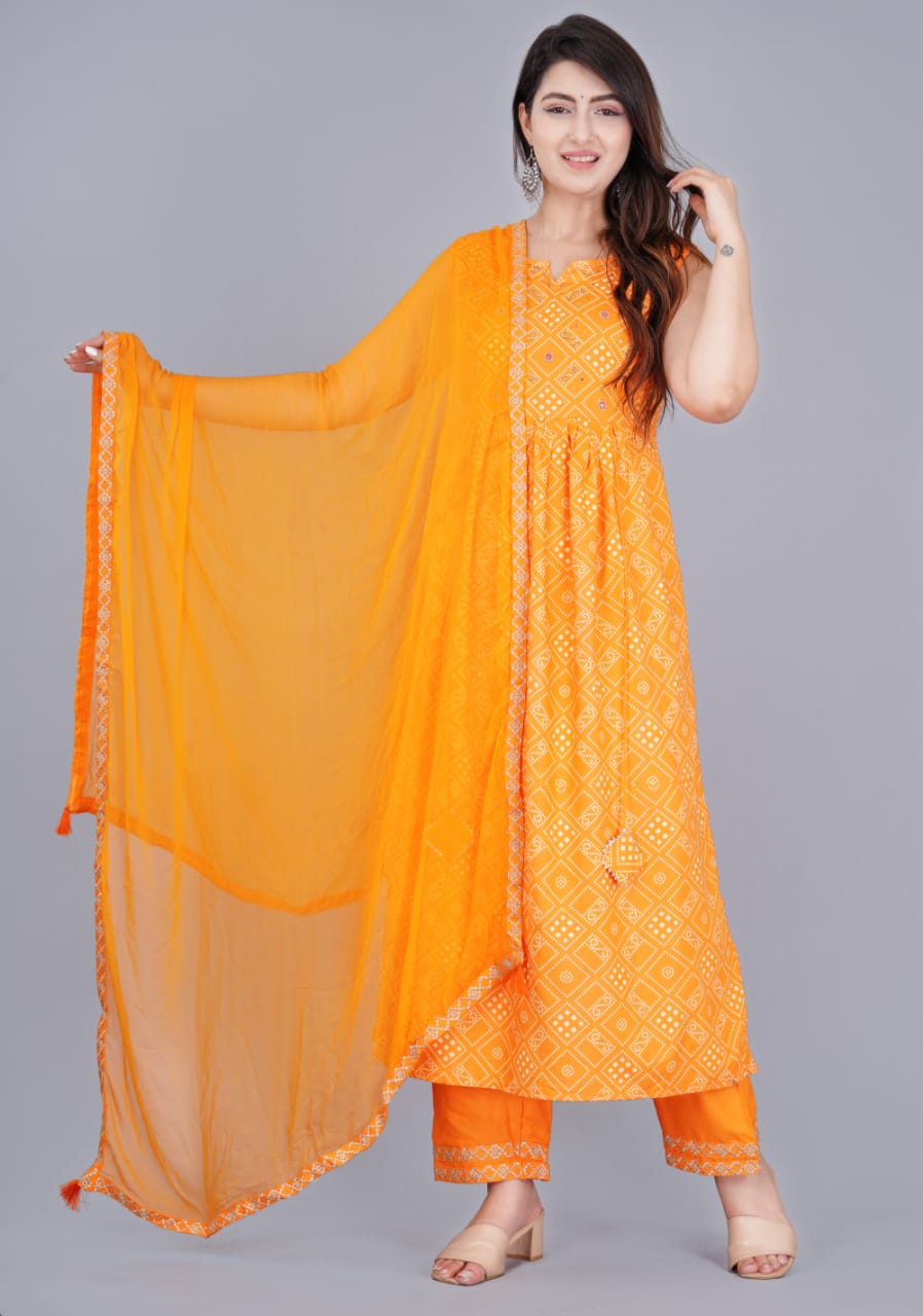 Exquisite Hand-Worked Nayra Cut Kurti Set with Pant and Embroidered Border Dupatta