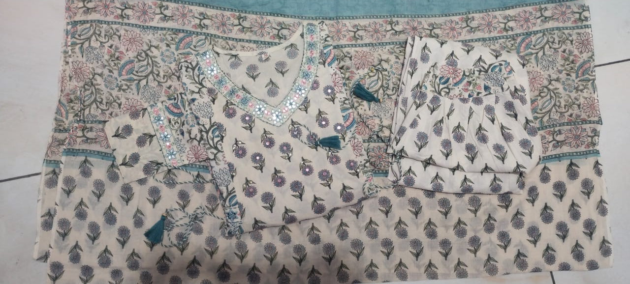 Grey Floral Afghani Suit Set with Embroidery and Tassels